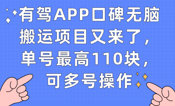 【7399】有驾APP口碑无脑搬运项目又来了，单号最高110块，可多号操作