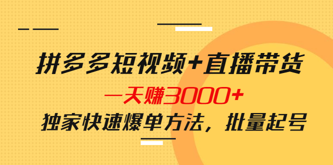 【4178】拼多多短视频+直播带货，一天赚3000+独家快速爆单方法，批量起号