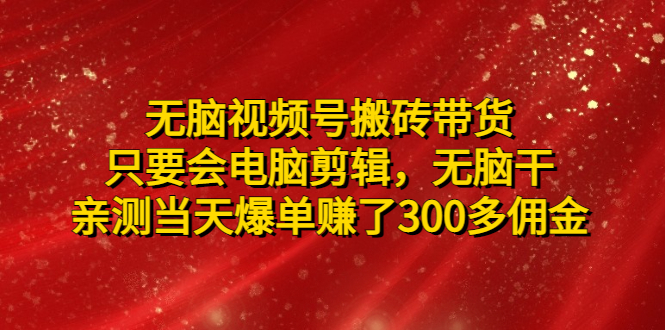 【4970】无脑视频号搬砖带货，只要会电脑剪辑，无脑干，亲测当天爆单赚了300多佣金